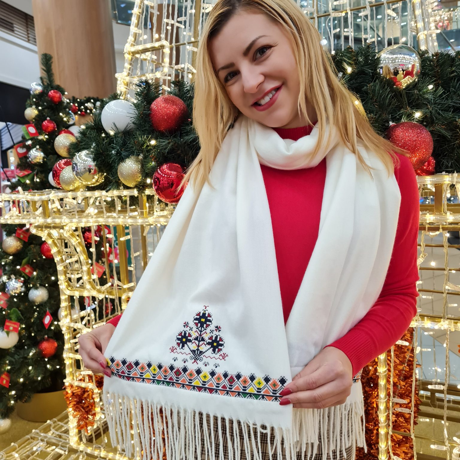 Кашмирен шал с шевица, бял – Етно Бул Дизайн